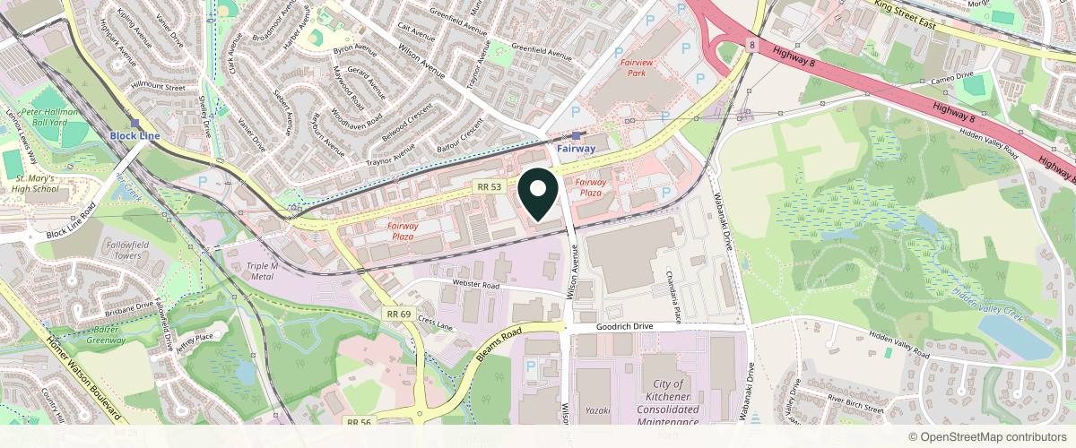 Map showing the exact location of Oceania Esthetics Studio | Kitchener-Waterloo at 509 Wilson Ave Unit 6, Kitchener, ON N2C 2M4, Canada