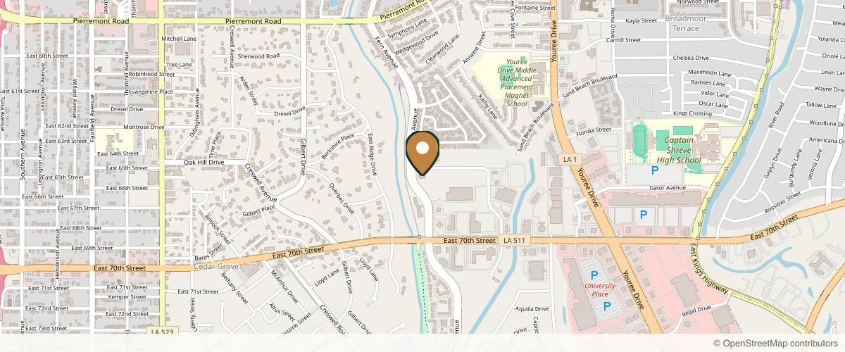 Map showing the exact location of Ochsner LSU Health - Dermatology and Facial Plastic Surgery at 6841 Fern Ave SUITE 100, Shreveport, LA 71105, USA