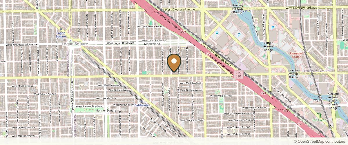 Map showing the exact location of Olivo Med Spa at 2550 W Fullerton Ave, Chicago, IL 60647, USA