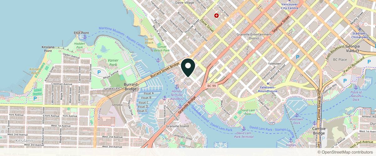 Map showing the exact location of One Clinic MD at 1500 Hornby St Unit 1, Vancouver, BC V6Z 1T9, Canada