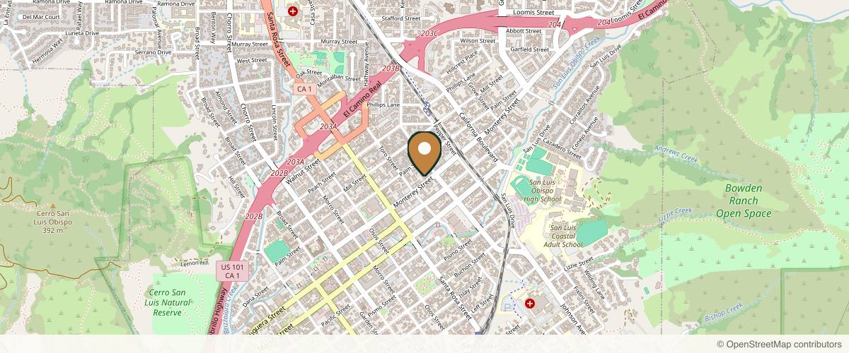 Map showing the exact location of Open Canvas Laser - Main Office - Open Canvas at 1242 Monterey St Ste 130, San Luis Obispo, CA 93401, USA