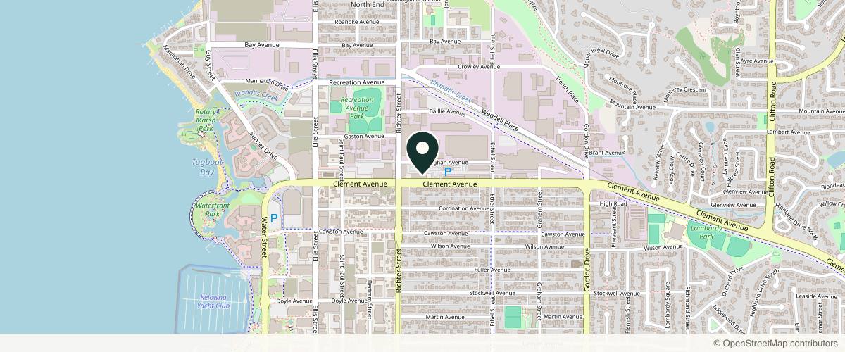Map showing the exact location of Organic Glow Medical Aesthetics at 740 Clement Ave #4, Kelowna, BC V1Y 0H7, Canada