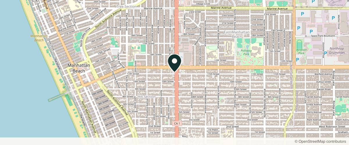 Map showing the exact location of OSVI Dermatology and Surgery Institute at 1101 N Sepulveda Blvd #100, Manhattan Beach, CA 90266, USA