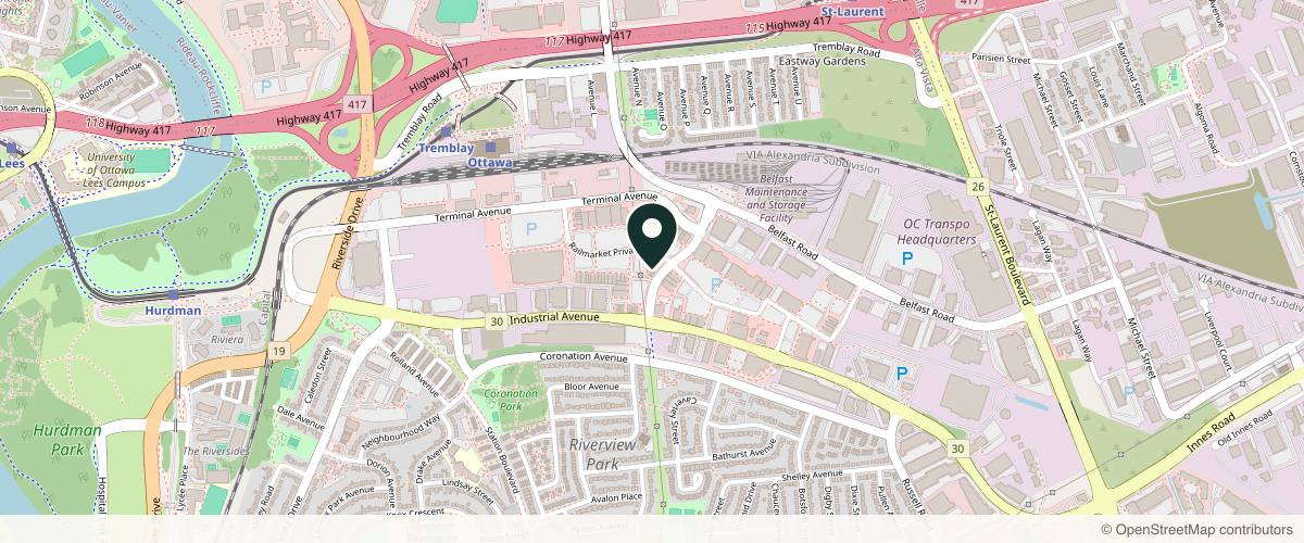 Map showing the exact location of Ottawa MediSPA Trainyards at 140 Trainyards Dr #4, Ottawa, ON K1G 3X8, Canada