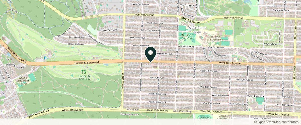 Map showing the exact location of Ovo Medi Spa at 4546 W 10th Ave, Vancouver, BC V6R 2J1, Canada
