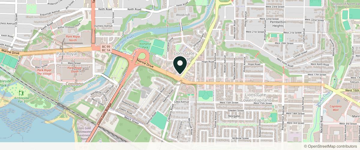 Map showing the exact location of Parsa Wellness Clinic North Vancouver at 1631 Capilano Rd, North Vancouver, BC V7P 3B4, Canada