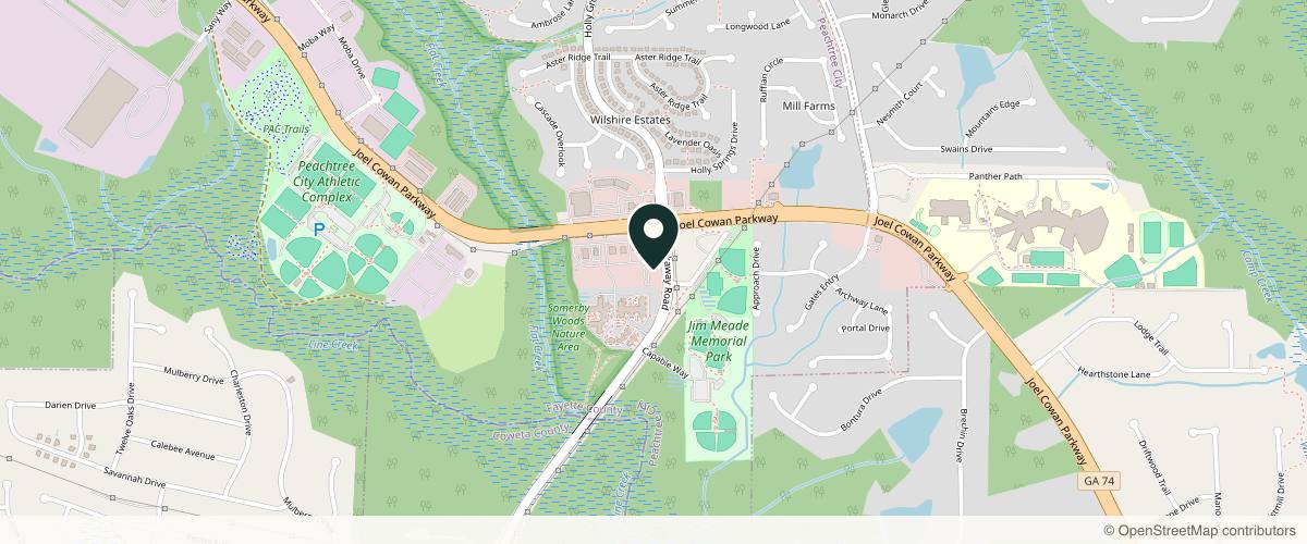 Map showing the exact location of Peachtree City Dermatology at 112 Wilshire Vlg Dr, Peachtree City, GA 30269, USA