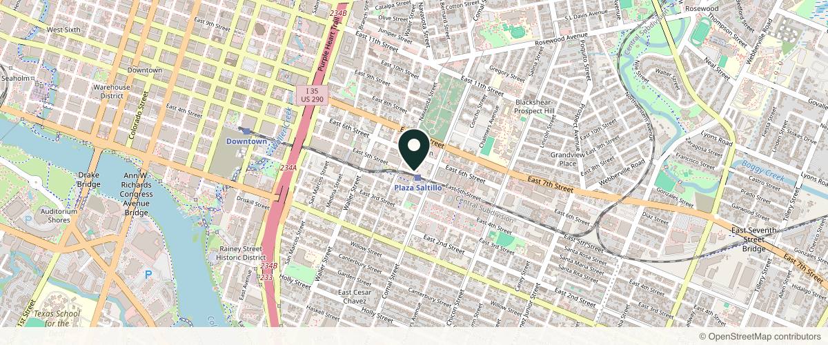 Map showing the exact location of Peachy East Austin at 1401 E 5th St. Suite 103, Austin, TX 78702, USA