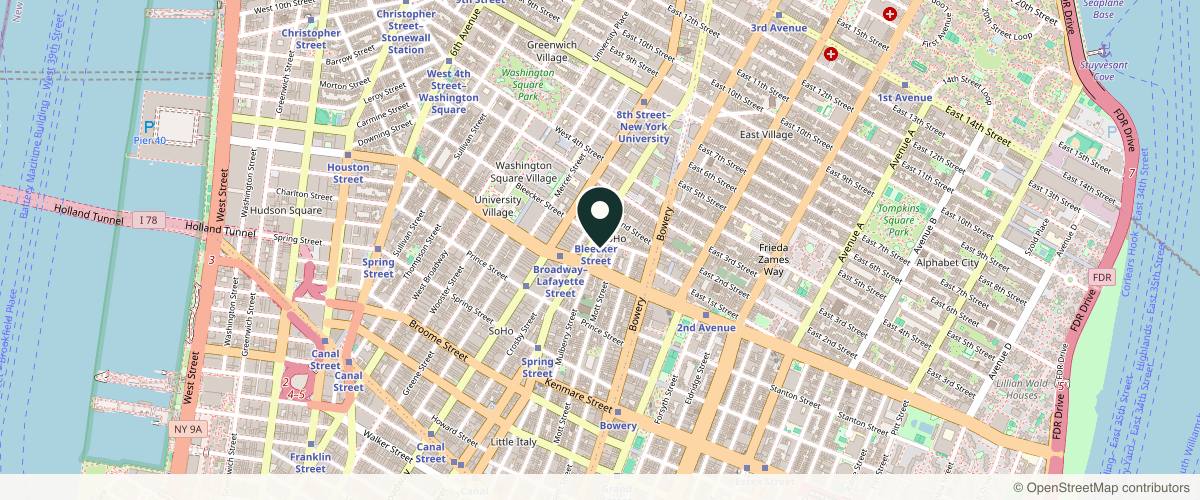 Map showing the exact location of Peachy NoHo at 40 Bleecker St Retail B, New York, NY 10012, USA