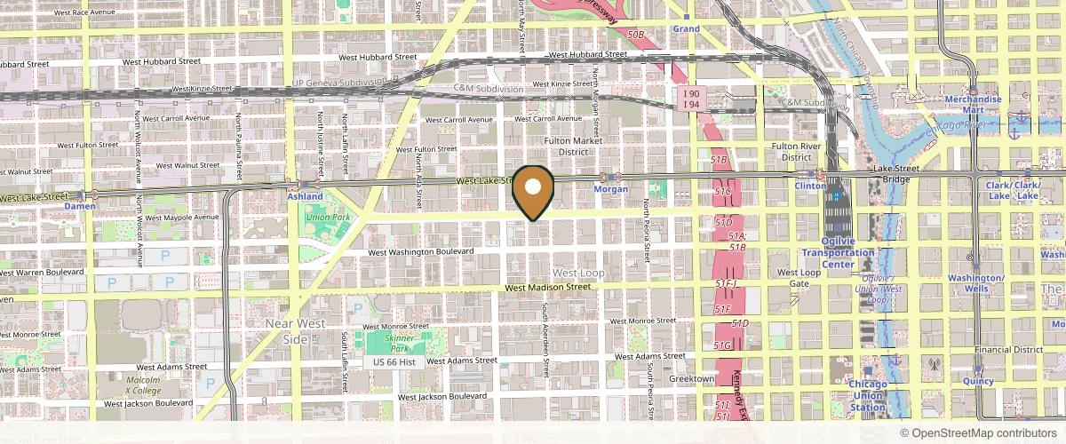 Map showing the exact location of Peachy West Loop at 1123 W Randolph St, Chicago, IL 60607, USA