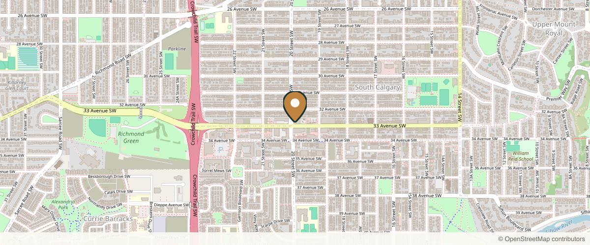 Map showing the exact location of PHI Medical Aesthetics – In Partnership with Victoria Park Medispa at 3332 20 St SW #306, Calgary, AB T2T 6T9, Canada