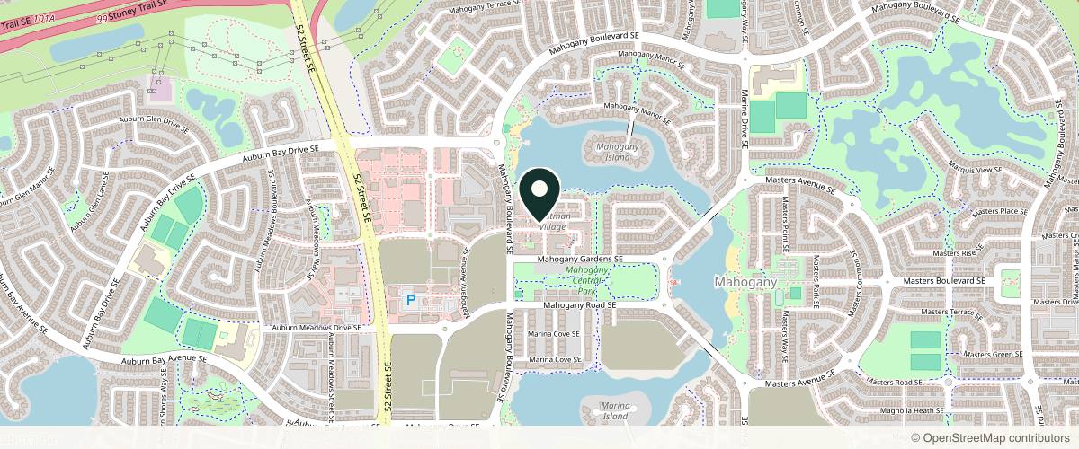 Map showing the exact location of PHI Medical Aesthetics Mahogany – In Partnership with Victoria Park Medispa at 152 Mahogany Centre SE, Calgary, AB T3M 2V6, Canada