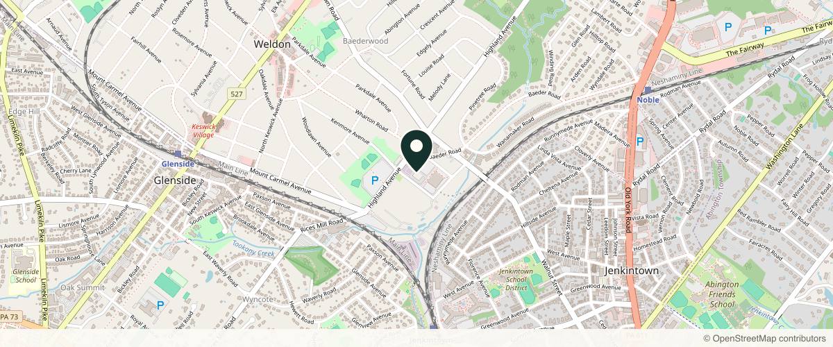 Map showing the exact location of Philadelphia Center For Dermatology at 361 Highland Ave Ste 204, Glenside, PA 19038