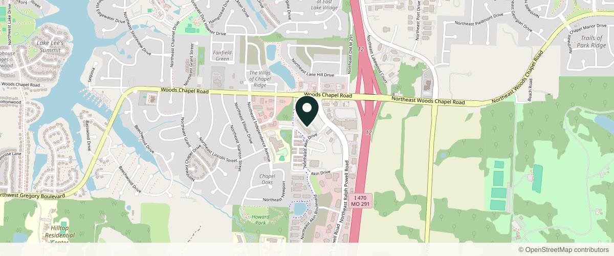 Map showing the exact location of Pink Medspa & Primary Care at 3680 NE Akin Dr #114, Lee's Summit, MO 64064, USA
