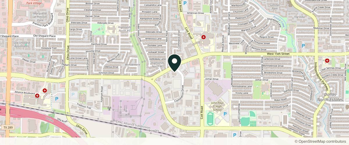 Map showing the exact location of Plano Plastic Spa at 4100 W 15th St Ste 106, Plano, TX 75093, USA