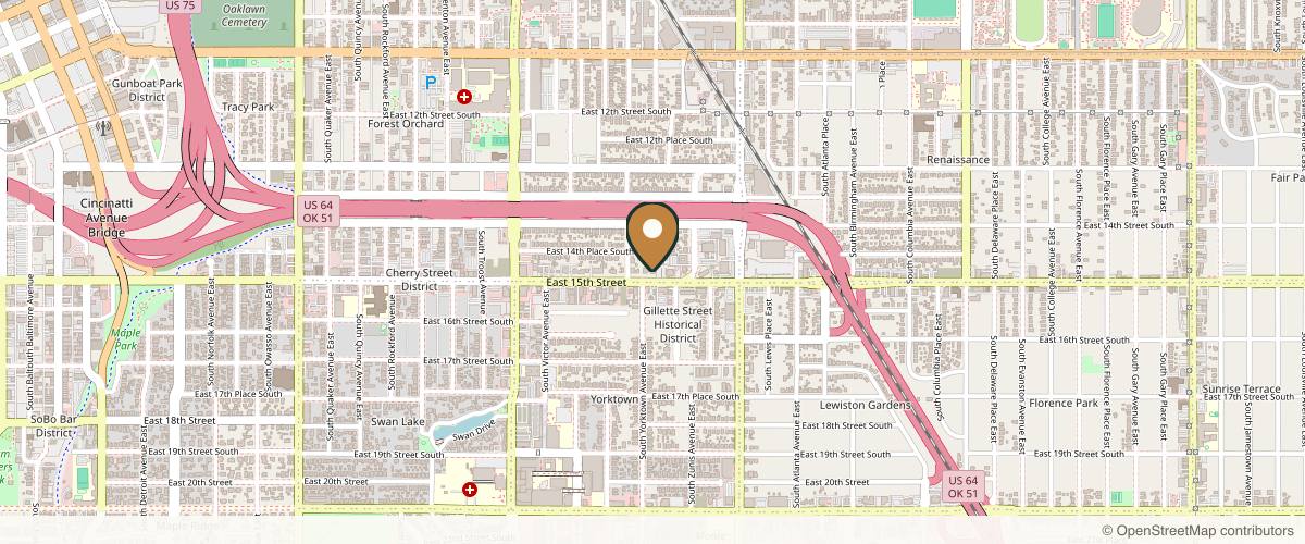 Map showing the exact location of Plastic Surgery Center of Tulsa at 2107 E 15th St, Tulsa, OK 74104, USA