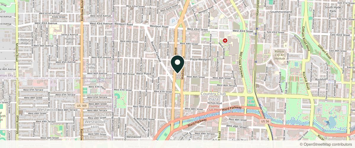 Map showing the exact location of Plaza Aesthetics & Wellness at 4600 Madison Ave Ste 120, Kansas City, MO 64112, USA