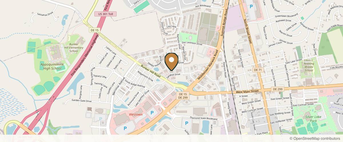 Map showing the exact location of Premier Dermatology & Cosmetic Surgery-Middletown at 118 Sandhill Dr, Middletown, DE 19709, USA