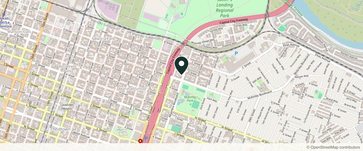 Map showing the exact location of Pura Vida Bella Aesthetics at 418 Alhambra Blvd Ste.B, Sacramento, CA 95816, USA