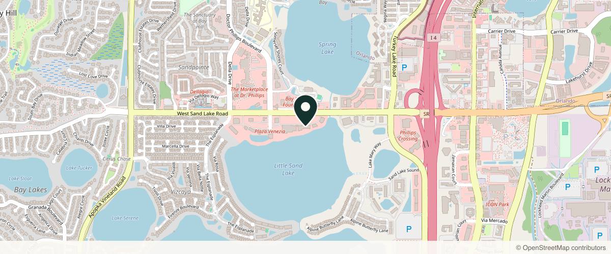 Map showing the exact location of Pure Envy Med Spa at 7524 W Sand Lake Rd, Orlando, FL 32819, USA