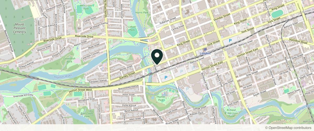 Map showing the exact location of PureGlo at 13 York St, London, ON N6A 1A3, Canada
