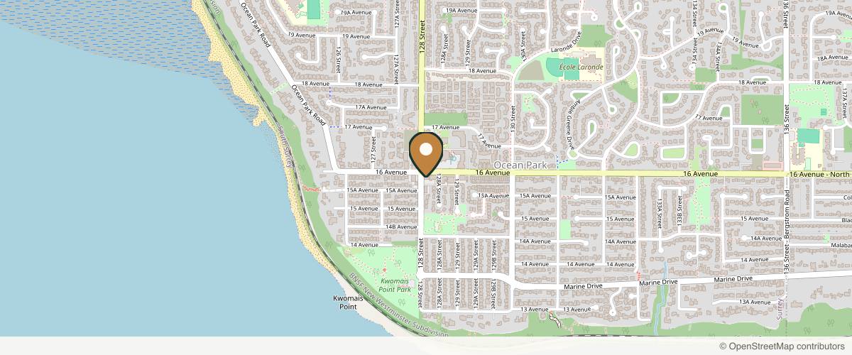 Map showing the exact location of Quartz Mind, Body + Skin Clinic at 12810 16 Ave, Surrey, BC V4A 1N4, Canada