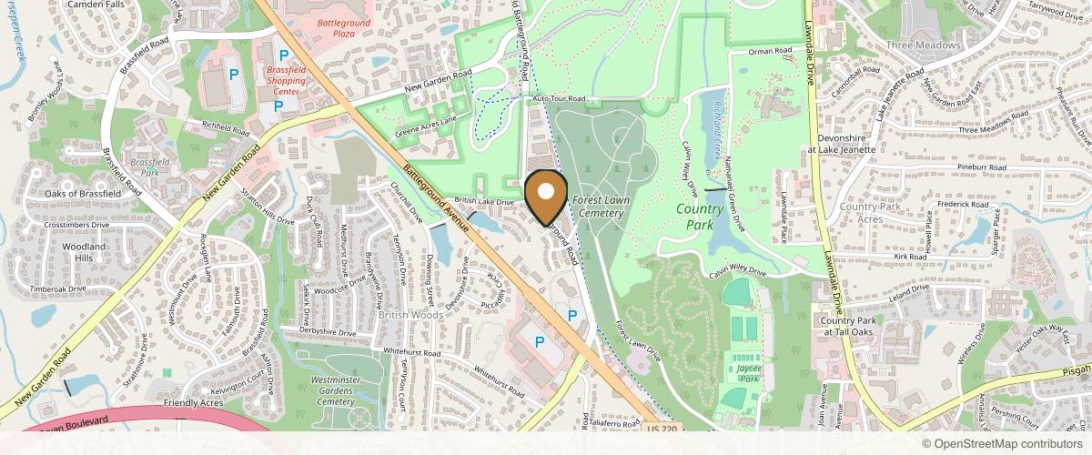 Map showing the exact location of Radiant Medical Aesthetics and Hair Restoration at 3509 Old Battleground Rd, Greensboro, NC 27410, USA