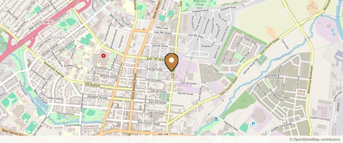 Map showing the exact location of RAE Aesthetic Frederick at 248 E 6th St, Frederick, MD 21701, USA