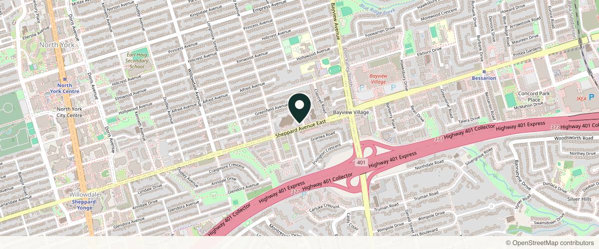 Map showing the exact location of Rain Medi Spa & Salon at 384 Sheppard Ave E, North York, ON M2N 3B5, Canada