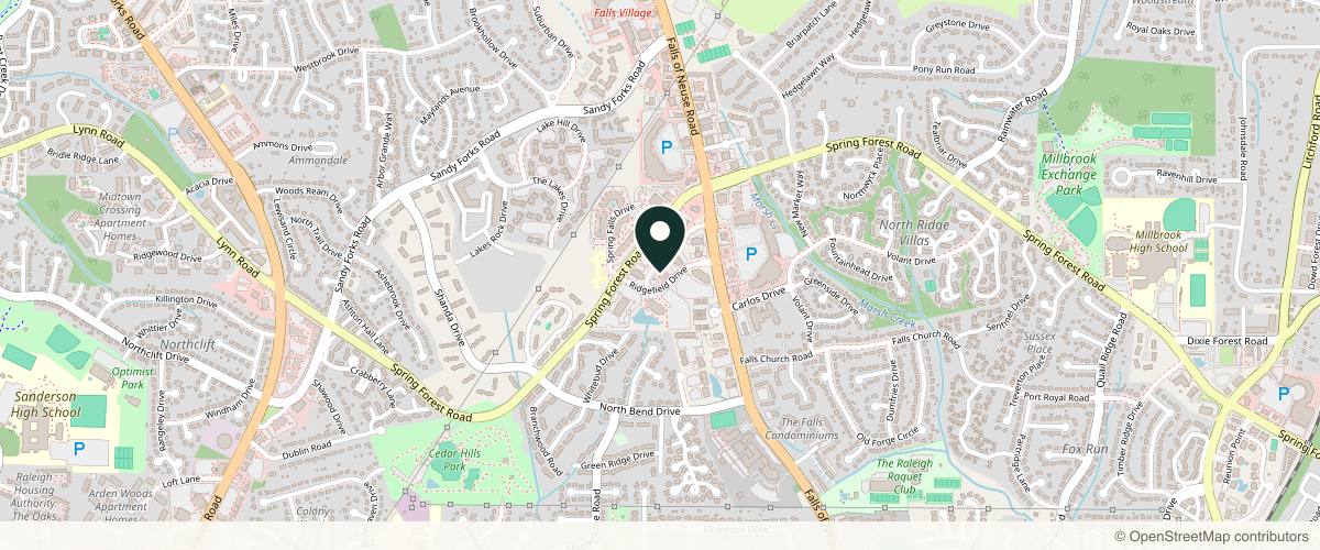 Map showing the exact location of Raleigh Dermatology, Affiliate of Anne Arundel Dermatology at 800 Springfield Commons Dr Ste 115, Raleigh, NC 27609