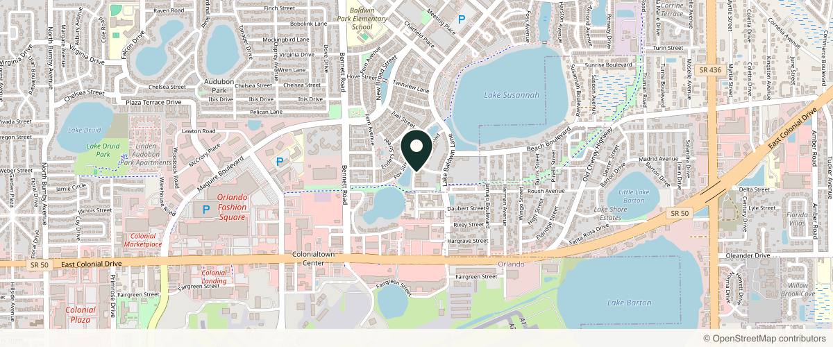 Map showing the exact location of Reflections Dermatology - Baldwin Park at 875 Outer Rd, Orlando, FL 32814