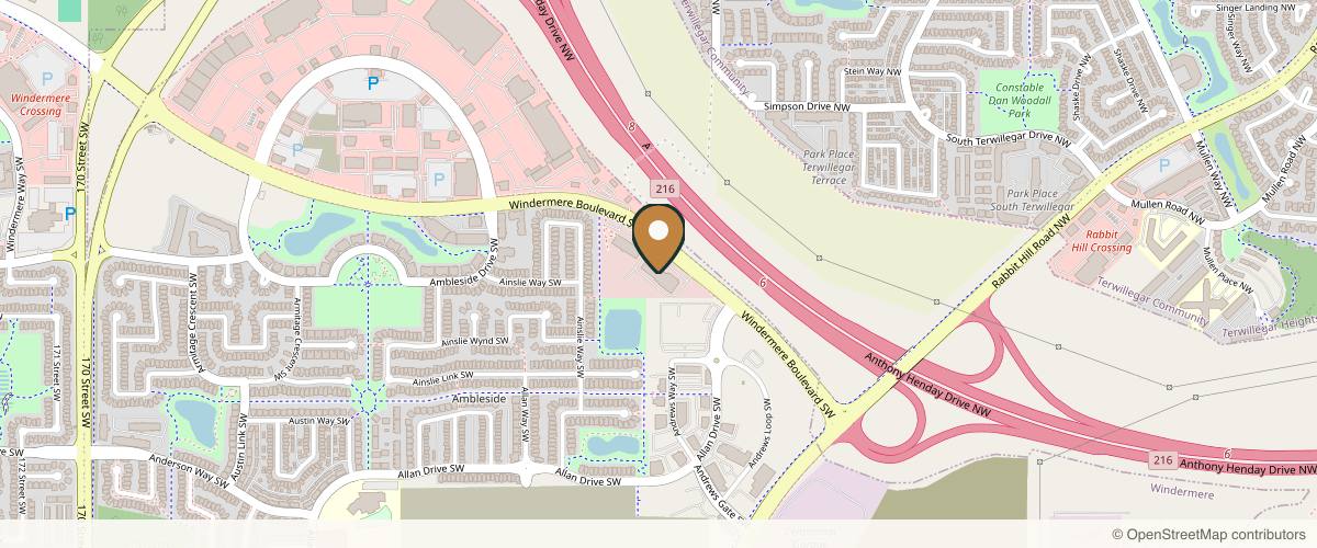Map showing the exact location of Rejuvenation Dermatology Clinic at 5083 Windermere Blvd Unit 101, Edmonton, AB T6W 0J5, Canada