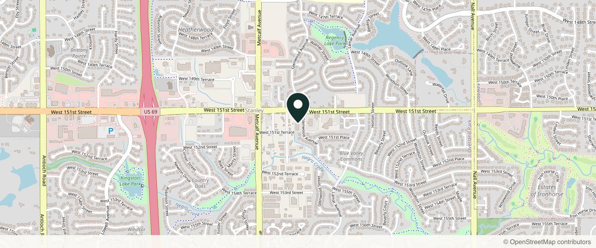 Map showing the exact location of Rejuvv Luxury Spa - Overland Park at 15106 Glenwood, Overland Park, KS 66223, USA