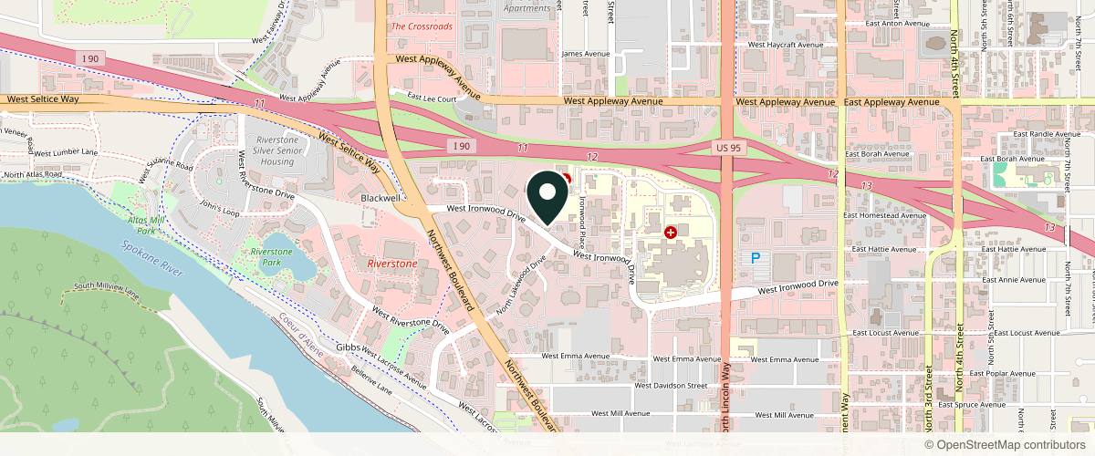 Map showing the exact location of Renew Aesthetics and IV Hydration Bar at 1101 W Ironwood Dr, Coeur d'Alene, ID 83814, USA