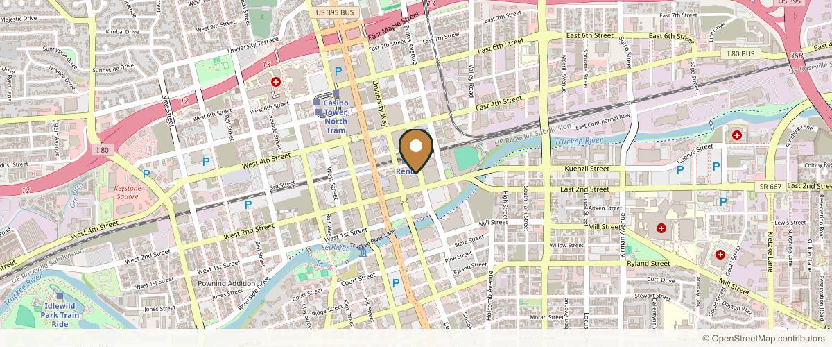 Map showing the exact location of Reno Roots Head Spa at 235 Lake St, Reno, NV 89501, USA