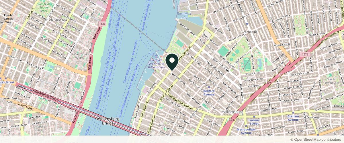 Map showing the exact location of Restore Hyper Wellness at 149 Kent Ave, Brooklyn, NY 11249, USA