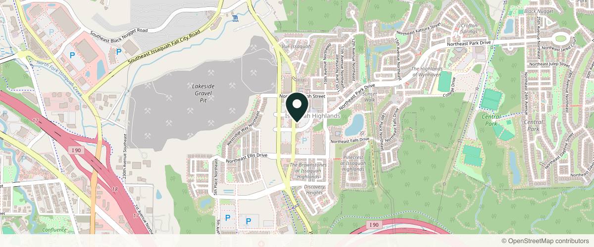 Map showing the exact location of Restore Hyper Wellness at 1520 Highlands Dr NE Ste 100, Issaquah, WA 98029, USA