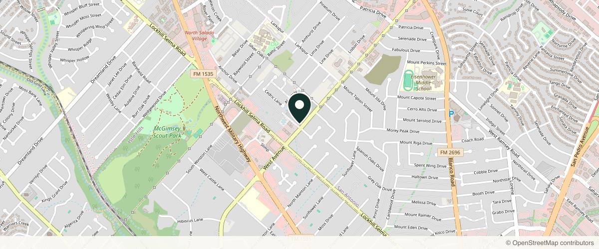 Map showing the exact location of RFSA Dermatology Castle Hills at 10603 West Ave, San Antonio, TX 78213