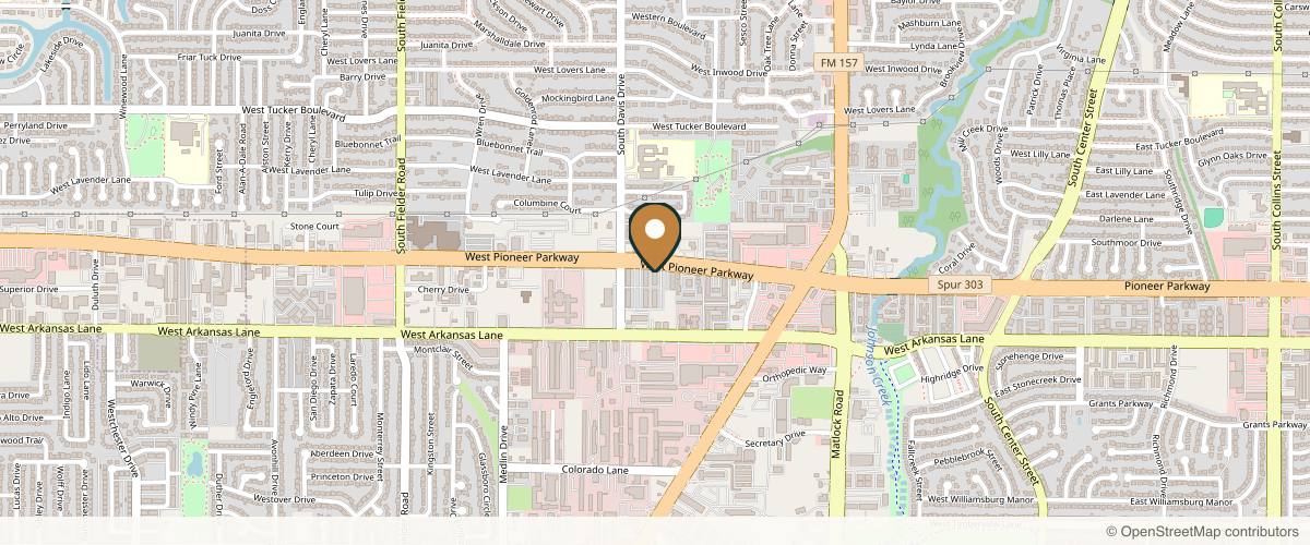 Map showing the exact location of Rosies beauty spa at 1150 W Pioneer Pkwy, Arlington, TX 76013, USA