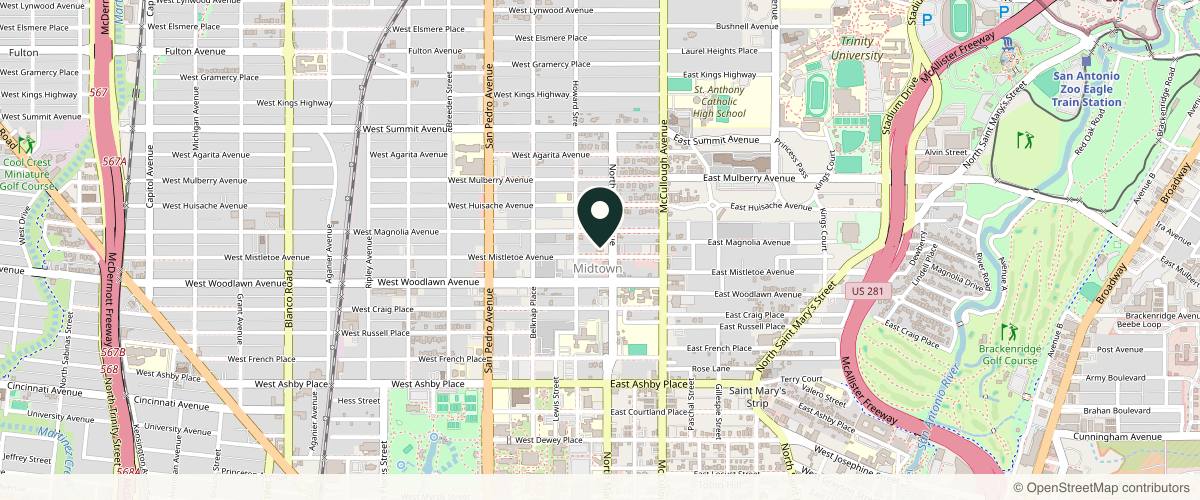 Map showing the exact location of Ross Dermatology at 2611 N Main Ave, San Antonio, TX 78212