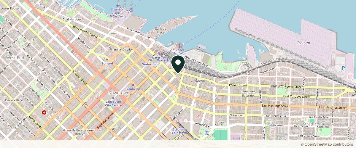 Map showing the exact location of Roxa Aesthetics Inc. at 328 Water St Unit 340, Vancouver, BC V6B 1B6, Canada