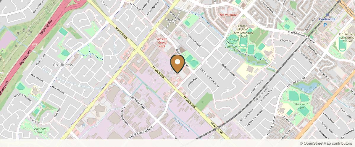 Map showing the exact location of Royal Touch Medi Spa at 719 Central Pkwy W #203, Mississauga, ON L5B 4L1, Canada