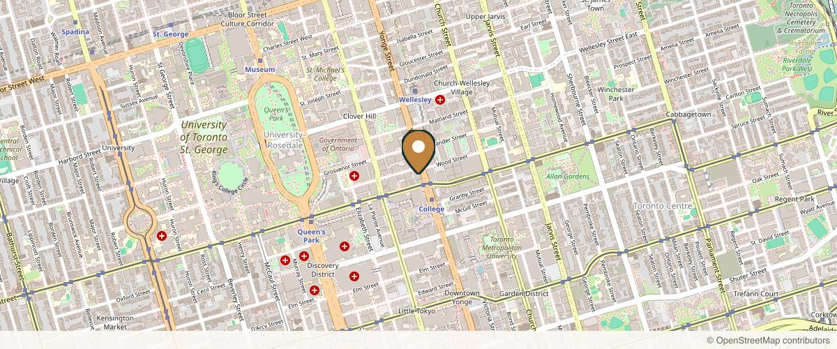 Map showing the exact location of Royal Treatment Medical & Cosmetic Aesthetics at 7 Grenville St, Toronto, ON M4Y 0E9, Canada