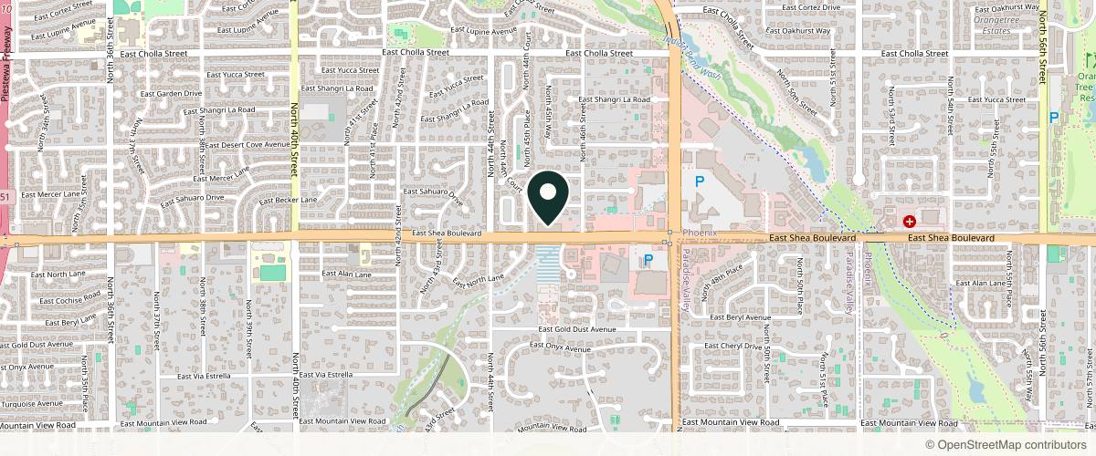 Map showing the exact location of Saguaro Dermatology | Paradise Valley (formerly THE CENTER for Advanced Dermatology) at 4530 E Shea Blvd Ste 101, Phoenix, AZ 85028