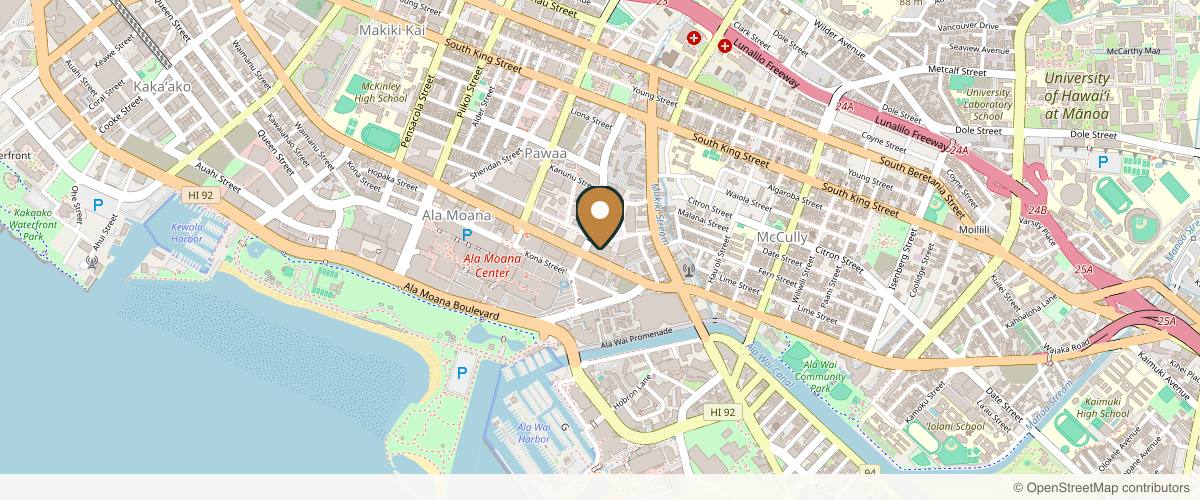 Map showing the exact location of Sakura Aesthetics at 1600 Kapiolani Blvd #500, Honolulu, HI 96814, USA