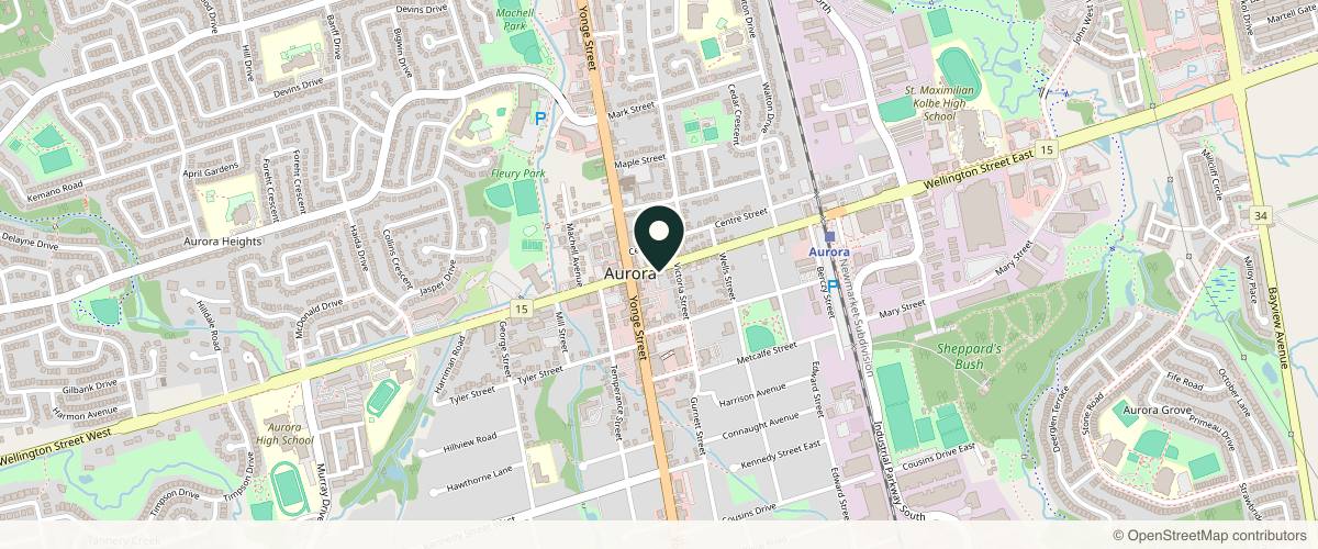 Map showing the exact location of Sama Cosmetic Clinic at 25 Wellington St E, Aurora, ON L4G 1H4, Canada