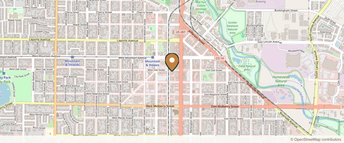 Map showing the exact location of Sanctuary Wellness Spa at 149 W Oak St Unit 112, Fort Collins, CO 80524, USA