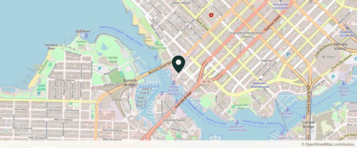 Map showing the exact location of Sarah Vallee Injectables at 1625 Hornby St #102, Vancouver, BC V6Z 2M2, Canada