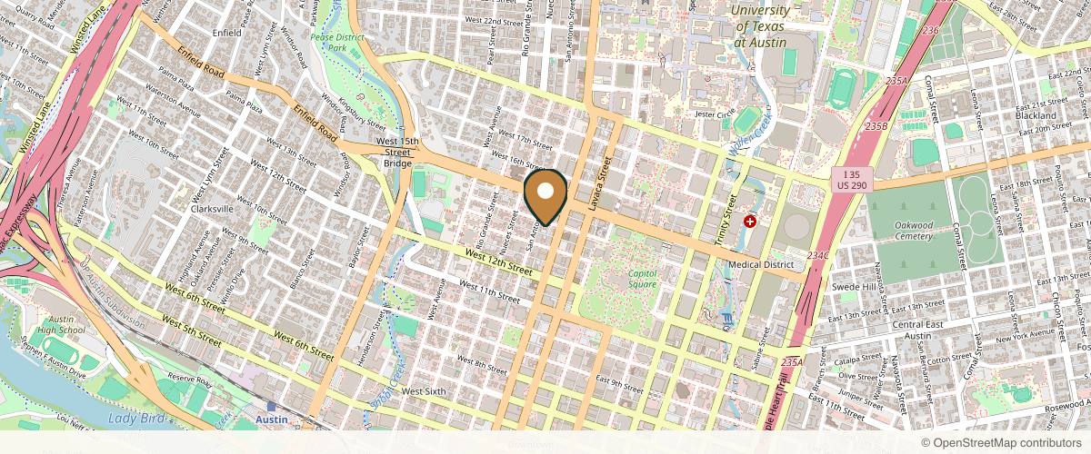 Map showing the exact location of Saving Face at 405 W 14th St, Austin, TX 78701, USA