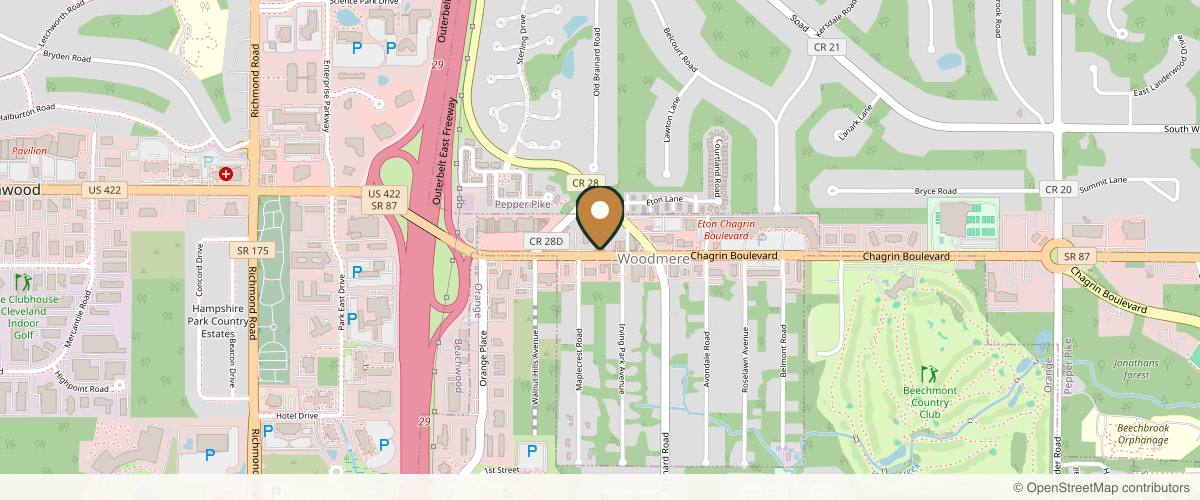 Map showing the exact location of Sculpted Symmetry Med Spa at 27629 Chagrin Blvd Ste 203, Woodmere, OH 44122, USA